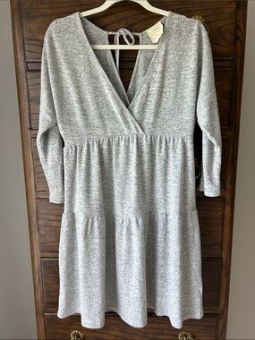 Cozy Grey Midi Dress with V-Neck and Tie Back, Size S